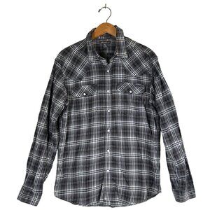 Eddie Bauer Mens Size M Shirt Western Woven Grey Plaid Pearl Snap Buttons Pocket